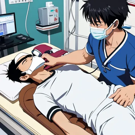 asian men in anime style laying on a strecher as he gets into cardiac while wearing an oxygenmask and getting his chest pumped by a nurse