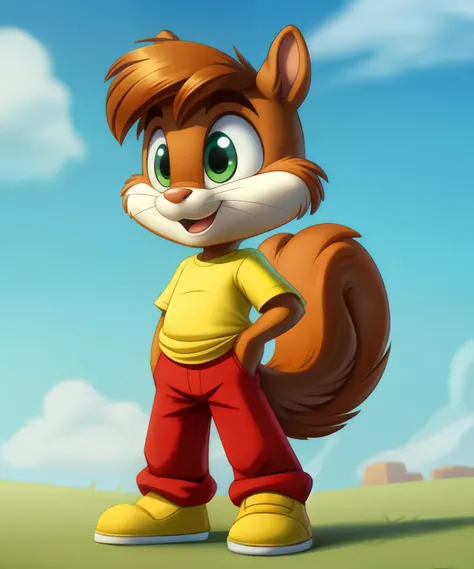 Charles the squirrel, yellow shirt with a blue c on it, red pants, green eyes, tiny toons style, full body view