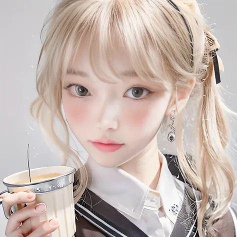 8k）、（best image quality:1.5）、gray background、close up of face、１girl、masterpiece、delicate and sharp eyes、brown eyes、eye power、delicate face、cup、attractive face、platinum blonde hair、Semi-long wave、japanese school uniform、white school uniform、School uniform t...