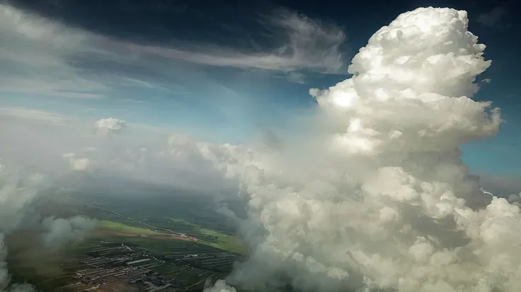 there is a big cloud that is in the sky above a city, hyper nuvens realistas, cumulonimbus, volumetric clouds, nuvens gigantes, nuvem cumulonimbus gigante, volumetric clouds and fog, nuvens enormes, nuvens cumulonimbus, nuvens de tempestade hiperdetalhadas...