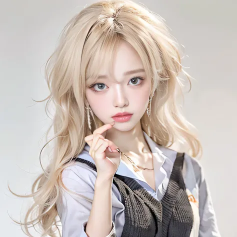 8k）、（best image quality:1.5）、gray background、close up of face、１girl、masterpiece、delicate and sharp eyes、brown eyes、eye power、delicate face、cup、attractive face、platinum blonde hair、Semi-long wave、japanese school uniform、white school uniform、School uniform t...