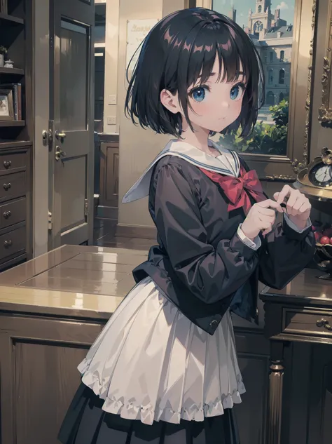 (Top quality, 16K, Masterpiece, Super high resolution, Victorian, Photorealistic: 1.2),1girl,kawaii,cute,face,white long-sleeved sailor uniform, pleated skirt, long skirt, dark blue skirt, red bow on the front, black hair, bob cut, embarrassed