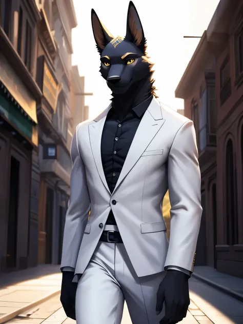 4k, ,8K, A high resolution, best quality, perfect colors, perfect shadows, perfect lighting, male, furry, Anubis anthro, Black fur, solo, Yellow eyes, (Realistic eye details 1.2), In the middle of the city, Hitman wear, white suit, Full body like, Slim bod...