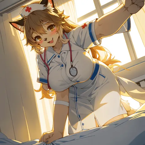 cover page, pov, Cowgirl position, Cat nurse reaching for me anxiously, Hospital room, White curtains, sunlight, window, nurses outfit, big breasts, cleavag, absurdres, perfect anatomy(kemono, cute girl, solo focus)(furry anthro)(very detailed body fur)tot...