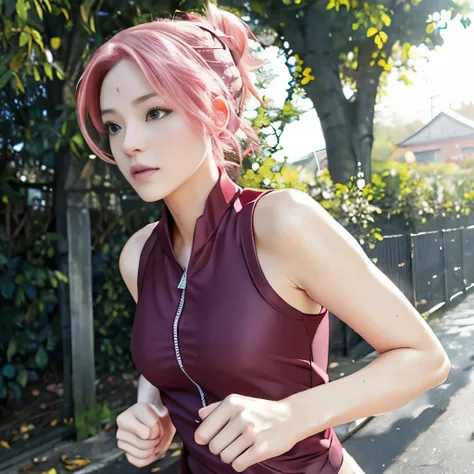 Masterpiece, textured skin, super detail, high detail, high quality, best quality, 1080p, 16k, ((jogging))  adult. Haruno sakura . outfit jogging pink sexy . Sakura jogging, Sakura pink hair. Jogging run,  jogging style, sport, run, jogging, sakura jogging...