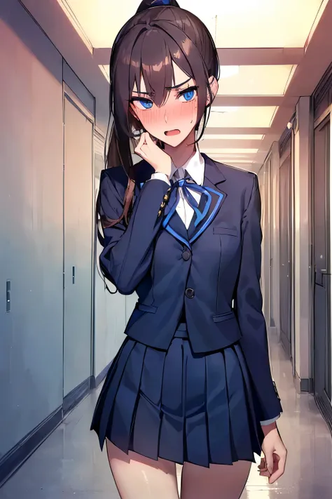 ((best quality)), ((masterpiece)), (detailed), (((perfect face))), ((((slender 16yo teenage girl)))), (((wearing dark blue pleated skirt and suited top))), (((brunette))), (((blue eyes))), ((ponytail)), (((shocked eyes:1.3))) ((blushing:1.5)), (((open mout...