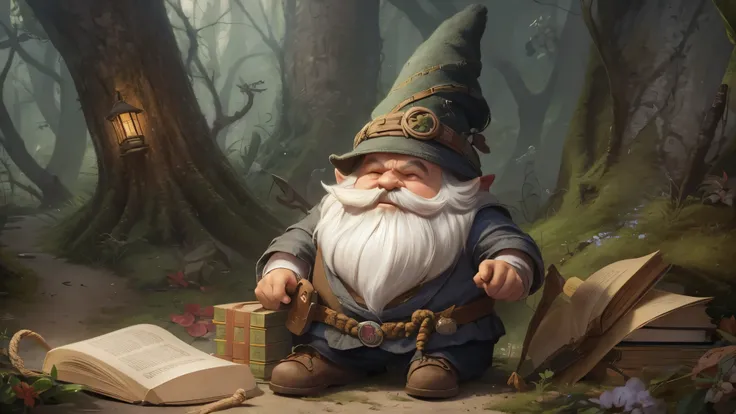 (master piece), 8k, best quality, book illustration, gnome, 40 centimeters tall, chubby, full white beard and a large mustache, green pointed hat, tied, tied with a rope on his arm