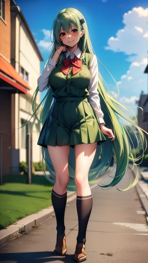 ,,green hair,very long hair,suzuya（kancolle）,suzuya（kantai collection）,hair clip,huge breasts,,outdoor ,sky,,school uniform,standing,smile,town,bright ,shiny,light