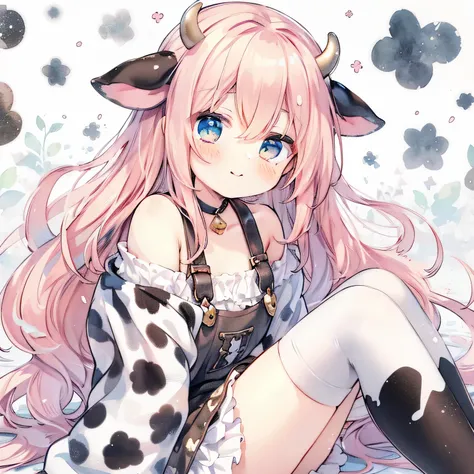 pastel watercolor anime、🐄girl、White and black mottled pattern、A girl dressed as a cow is smiling、Full body at an angle from above、kneel down、farm background、masterpiece、(((fullbody:1.3,acrobatpause：1.3)))、glassees、Transparent watercolor,Copic Art,,, heart ...