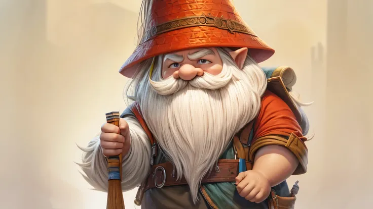 (master piece), 8k, best quality, book illustration, gnome, 40 centimeters tall, chubby, full white beard and a large mustache, red pointy hat, stuck,