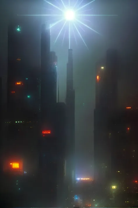 a city at night with a bright star shining over the city, in cyberpunk city, cyberpunk cityscape, cyberpunk city, cyberpunk blade runner art, reminiscent of blade runner, in a futuristic cyberpunk city, dark cyberpunk metropolis, hyper realistic cyberpunk ...