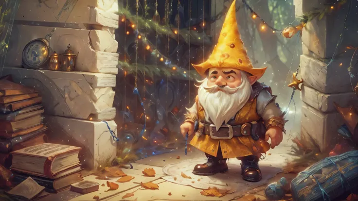 (master piece), 8k, best quality, book illustration, gnome, 40 centimeters tall, chubby, full white beard and a large mustache, yellow pointy hat, imprisoned, forcibly detained with a rope,