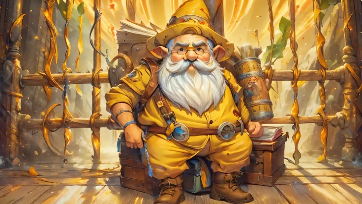 (master piece), 8k, best quality, book illustration, gnome, 40 centimeters tall, chubby, full white beard and a large mustache, yellow pointy hat, imprisoned, forcibly detained with a rope,