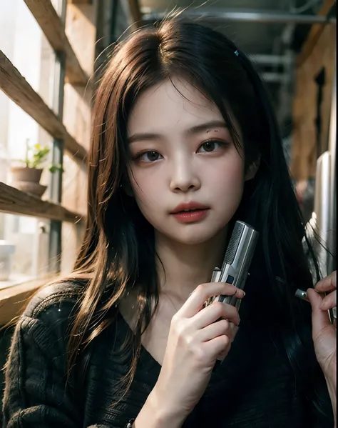 Jennie from Black Pink smoking with a gun in one of her hands.