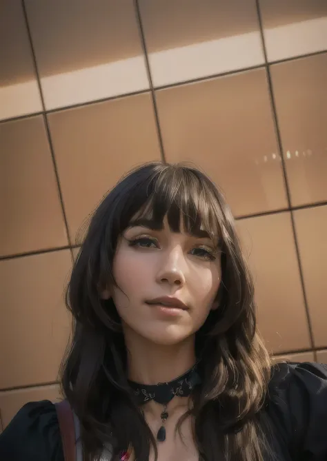 there is a woman taking a selfie in a bathroom mirror, with bangs, high quality picture, taken in the early 2020s, only a few bangs of hair, with full bangs, selfie of a young woman, halfbody headshot, neat hair with bangs, 🤤 girl portrait, profile image, ...