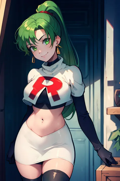 lyn, ponytail, green eyes, green hair, earrings ,team rocket uniform, red letter r, white skirt,white crop top,black thigh-high ...