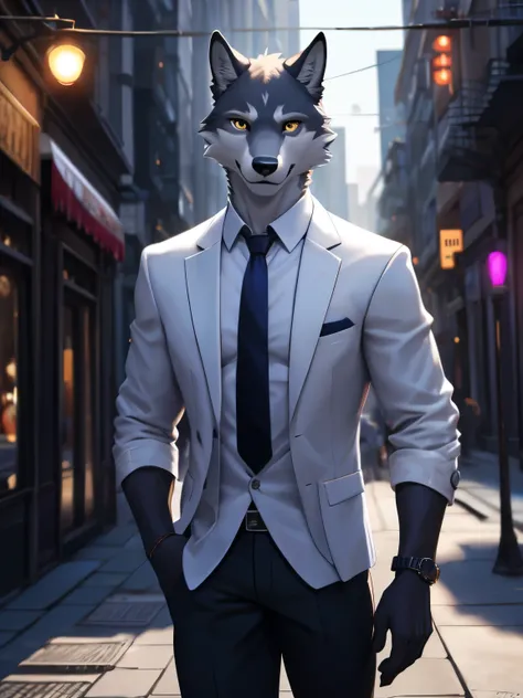 4k, ,8K, A high resolution, best quality, perfect colors, perfect shadows, perfect lighting, male, furry, Wolf anthro, White fur, solo, Yellow eyes, (Realistic eye details 1.2), In the middle of the city, Hitman wear, white suit, Red tie, Full body like, S...