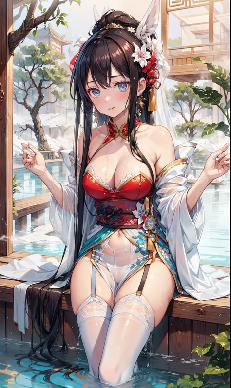 top quality，best resolution，(Soaked的白色长旗袍），super detailed, White double ponytail hair，20 years old young girl，Gorgeous的雕纹，Design intricate clothes，blue eyes，she has earrings, wealth，Gorgeous， imagine，Elegant and charming，Slightly curvy figure，((White trans...