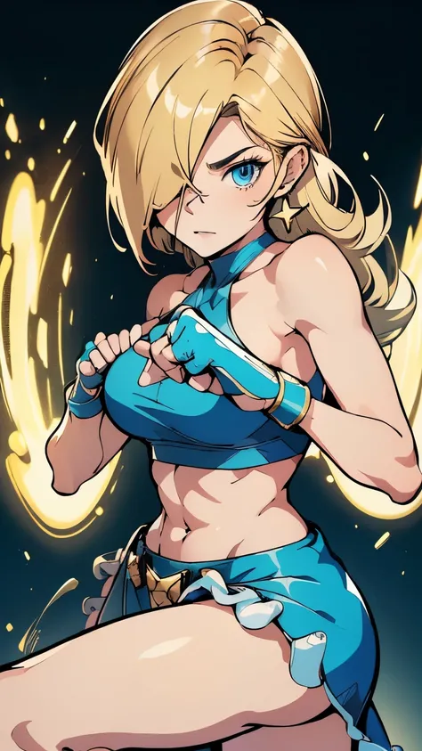 (best quality,4k,8k,highres,masterpiece:1.2),ultra-detailed, boxing,female boxer,detailed face,beautiful, boxing pose,well-defined muscles,fitness,wonderful,fighting stance,strong legs,blonde,Rosalina