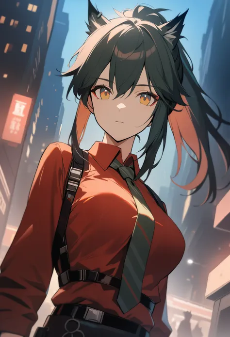 1girl, texas(willpower)(arknights), arknights, upper body, black hair, ponytail, yellow eyes, expressionless, red shirt, chest harness, necktie, looking at viewer, cinematic angle, night city, masterpiece, best quality