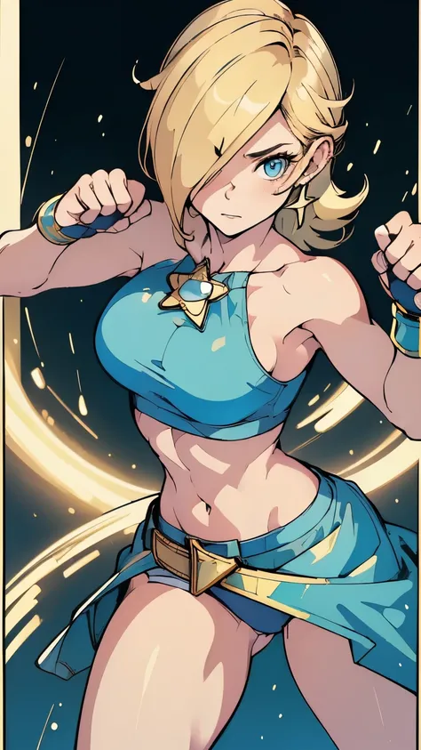 (best quality,4k,8k,highres,masterpiece:1.2),ultra-detailed, boxing,female boxer,detailed face,beautiful, boxing pose,well-defined muscles,fitness,wonderful,fighting stance,strong legs,blonde,Rosalina