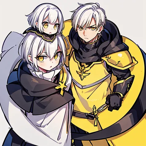 Masterpiece, Best Quality, Ultra-Detailed, 1boy, man, manly male, mature male, white hair, short hair, very short hair, yellow eyes, serious face, fantasy armor, black cape, looking at the viewer, face shot, white background