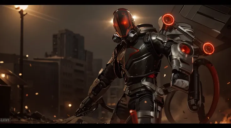 male soldier cyborg, red glass helmet with tactical gas mask, ultra modern cybernetic full body heavy the suit has small red lights, black with red details, metal shoulder pads, metal wrist guards, on his back a large metal tank, In both hands he holds fla...