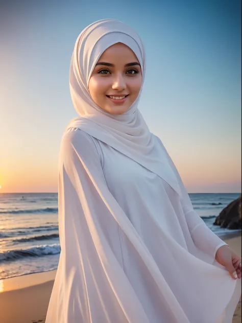 high quality, 8K Ultra HD,a young beautiful lady with a long islamic dress, pale skin , warm smile, beatuiful face ,wearing hijab , sunset coast should serve as the underlying backdrop, with its details incorporated into the goddess , crisp lines, The back...