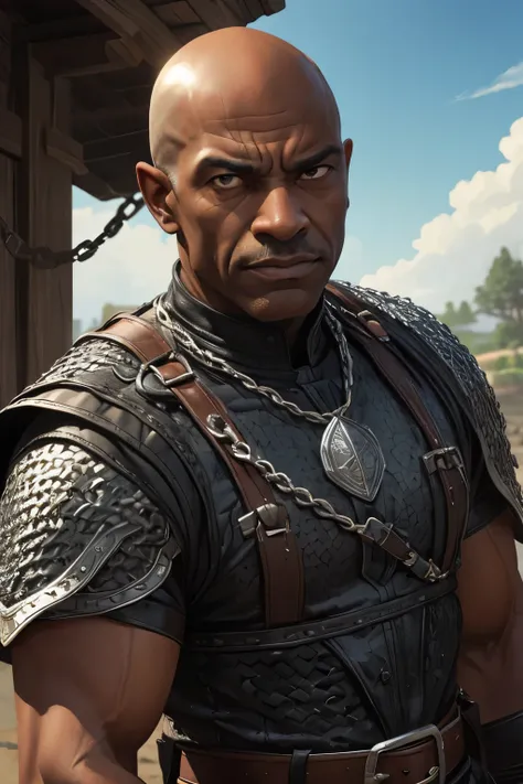 Portrait of a midle-aged black man , bald, strong, wearing chainmail, clean shave