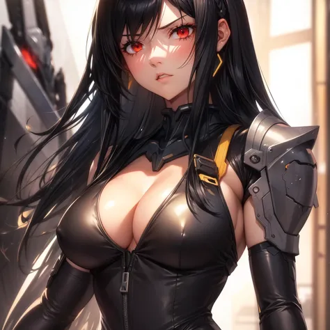 Waist up hyper detailed beauty Tifa Lockhart (in Tsutomu Nihei style) (masterpiece) in detailed black & golden plugsuit (Neon Genesis Evangelion aesthetic style), best quality, sharp focus, glowing