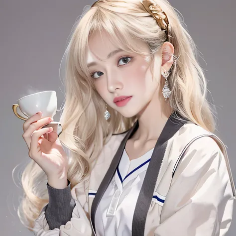 8k）、（best image quality:1.5）、gray background、close up of face、１girl、masterpiece、delicate and sharp eyes、brown eyes、eye power、delicate face、cup、attractive face、platinum blonde hair、Semi-long wave、japanese school uniform、white uniform、Clothing that shows the...