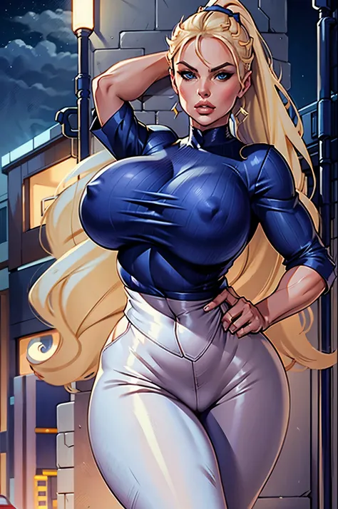 Silvia Saint tan skin huge breasts mature blonde hair ponytail attractive face serious face parted lips thick lips dual wielding pistols badass wearing tight blue shirt and pants in city night