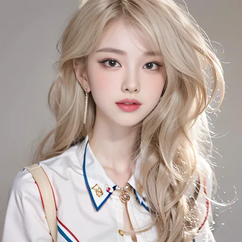 8k）、（best image quality:1.5）、gray background、close up of face、１girl、masterpiece、delicate and sharp eyes、brown eyes、eye power、delicate face、cup、attractive face、platinum blonde hair、Semi-long wave、japanese school uniform、white uniform、Clothing that shows the...