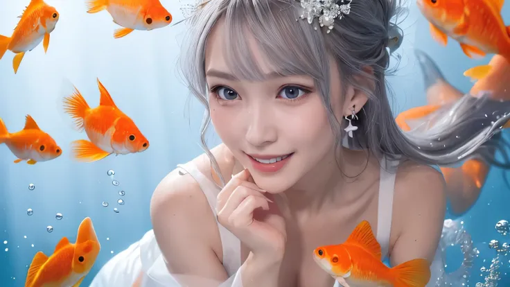 1 girl ,earrings,Goldfish ,precious stones ,sash,underwater ,Goldfish,White flower ,Akame,Behold ,get up, gray hair,clavicle,length、generally、Kamimei、looking at the viewer、white dress、Red Heavenly Womans Robe、cleavage、close up of smiling face、beautiful eye...