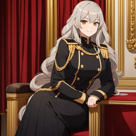 A woman wearing a black Prussian military uniform with gold details, gold eyes, red eyelashes, long gray curly hair without bangs, smiling, in a sophisticated music room.
