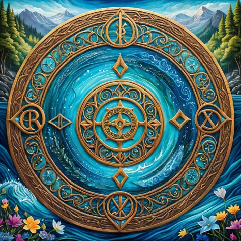 Masterpiece in maximum 16K resolution, superb quality, a stunning image featuring a ((fierce water flows) forming a magic circle with a variety of (ancient symbols and runes)), intricate details of gentle waves, in vibrant shades of blue and turquoise, flu...