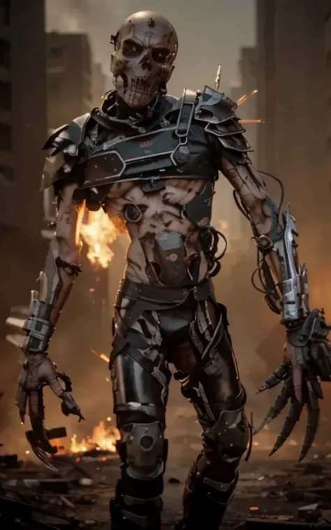 male zombie cyborg, skull with a little meat, in his eye he has a metal mask with a single red eye, black metal chest with red details, metal shoulder pads, metal wrist guards, tubes and cables come out of his torso, He has scars, black metal cybernetic pa...