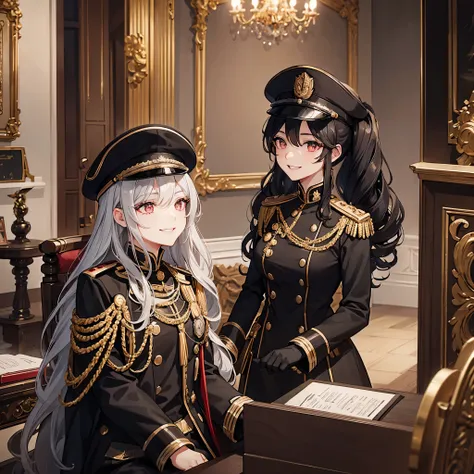 A woman wearing a black Prussian military uniform with gold details, gold eyes, red eyelashes, long gray curly hair without bangs, smiling, in a sophisticated music room.
