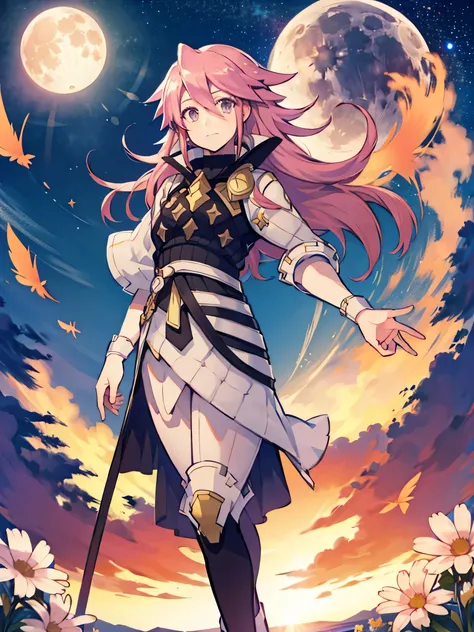 (Soleil from Fire Emblem in a flowers plains) (full body) (very detailed) (high quality) (a moon and stars pattern in the background) (looking at the horizon)