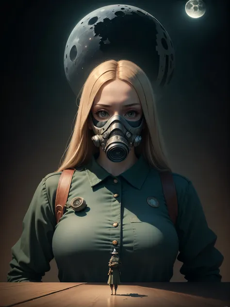 general shot:1.4, (ultra detailed eyes), (((textile shading))), (((Best quality))), (((table))), (((ultra detailed CG))), (surrealism, beautiful woman in full shot gas mask in hand, bioluminescent nocturnal animals: 1.5 strange and beautiful), at night, mo...