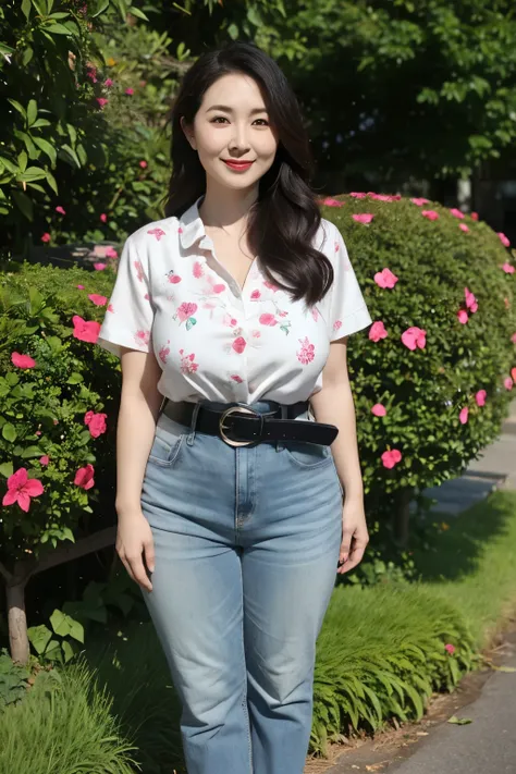 Draw lips correctly, red lipstick, from chest up, best quality, Super detailed, lifelike, Super fine skin, perfect anatomy, (1 日本Mature的女人), (alone)，Wear a floral green shirt，short sleeves，blue jeans，black belt，wavy long hair，37-year-old female，Mature，char...