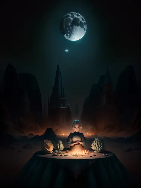 general shot:1.4, (ultra detailed eyes), (((textile shading))), (((Best quality))), (((table))), (((ultra detailed CG))), (surrealism, beautiful woman in full shot:1.5 intricate and beautiful), at night in a desert, moonlight bioluminescent lighting, Ultra...