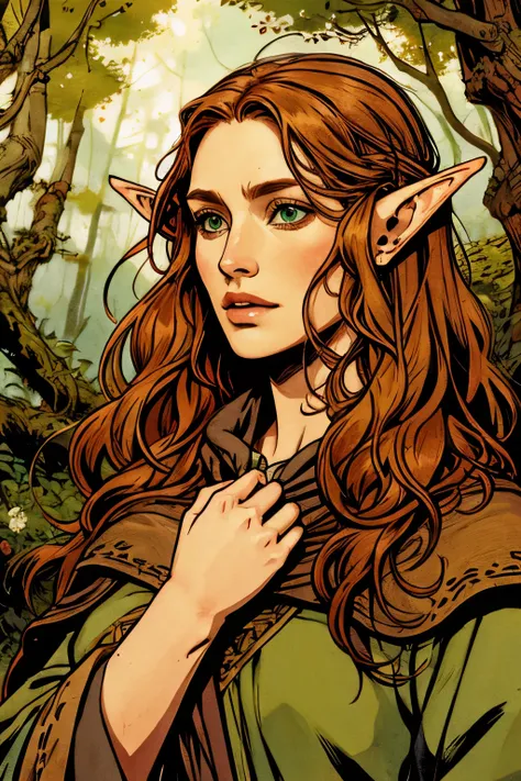 by demizu posuka 1girl , druid, mature, elf long hair detailed face forest amazing quality, best quality, high quality