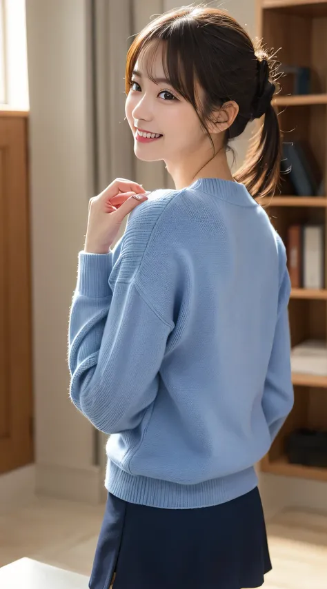 table top, highest quality, shape, Super detailed, finely, High resolution, 8k wallpaper, 完璧なダイナミックな構shape, finelyて美しい目,  natural lip, blue sweater(mini skirt)wear, chest, whole body,RAW photo,room,smile、最高のsmile,　Rear view、beautiful nape、