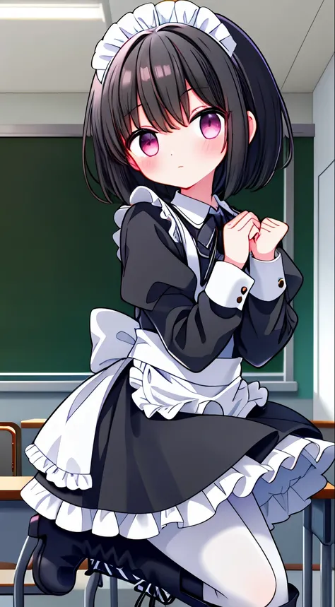 girl,short black hair,maid outfit,Black lace-up boots,white pantyhose,blush shy,classroom scene,demon