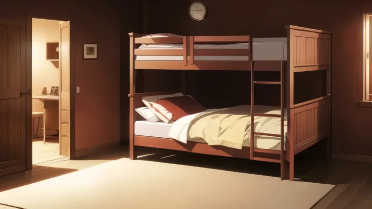 (masterpiece), (best quality), (ultra-detailed), (best illustration), (best shadow), dark red wallpaper and wooden edges, (shared room with two bunk beds)