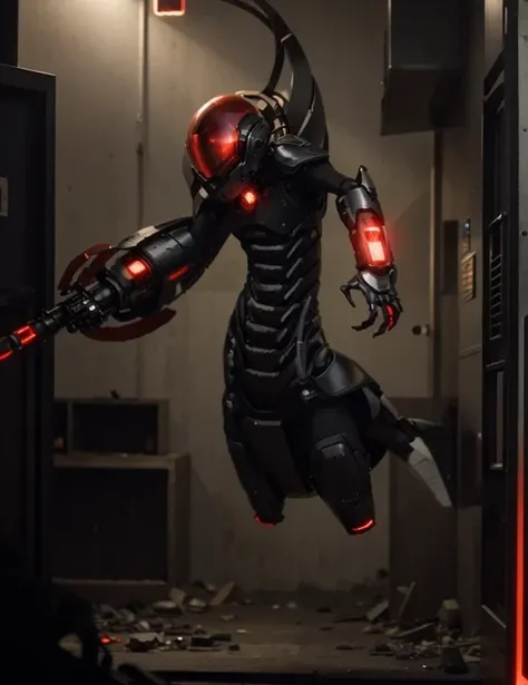 male soldier cyborg, red glass helmet in the shape of a dome, inside the glass helmet you can see the face of a sinister bald man with cybernetic inserts, ultra modern cybernetic biomechanical full body heavy the suit without legs in the shape of a worm ha...