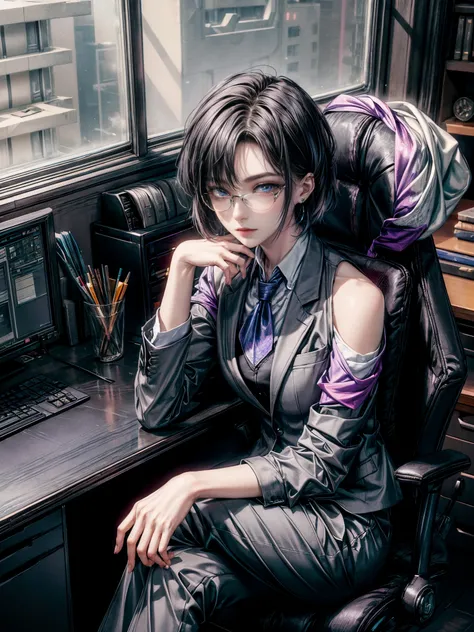 cinematic lighting、highest quality,cyberpunk world、1 female、(25 year old beautiful woman、short hair、black hair、shoulder length hair、blue eyes:1.4)smile、break,short hair、（Glasses:1.5）BREAK.Office style BREAK
(dark Gray blazer:1.4) paired with (dark Gray sli...