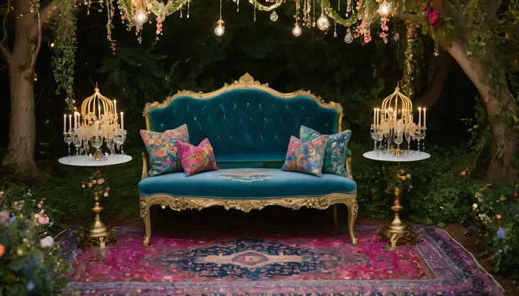 Craft an image no humans present, of a magical forest clearing under the starry night sky, illuminated by a constellation of fairy lights woven through the trees. At the heart of the clearing, a vintage velvet loveseat sits atop a Persian rug, surrounded b...