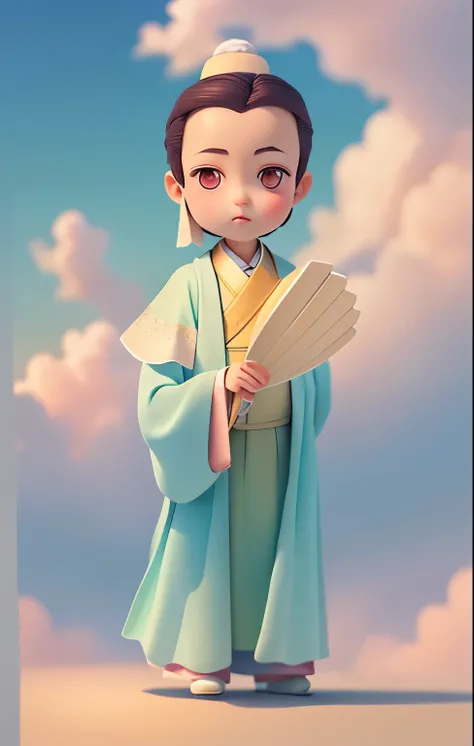 ((best quality)), ((masterpiece)), (detailed), a boy, White gown, Standing whole body, Feather fan in hand, pastel colors, (detailed cloudscape:1.3), (high resolution:1.2)